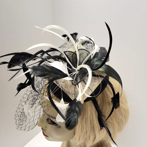 Black Headband Feathers Fascinator with Black netting on Headband - Picture 3 of 15